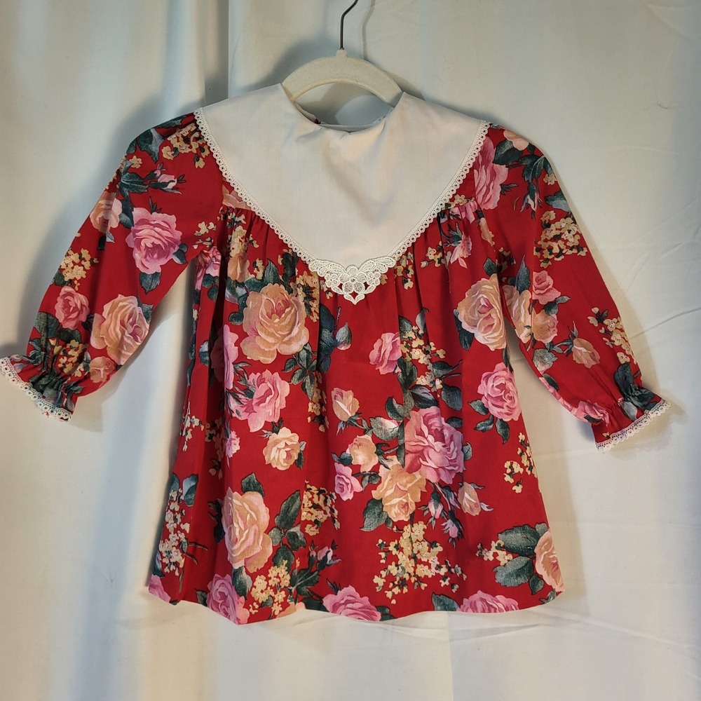 Vintage Roanna Girls Sz 4 Red Floral Longsleeve Light Cotton Dress